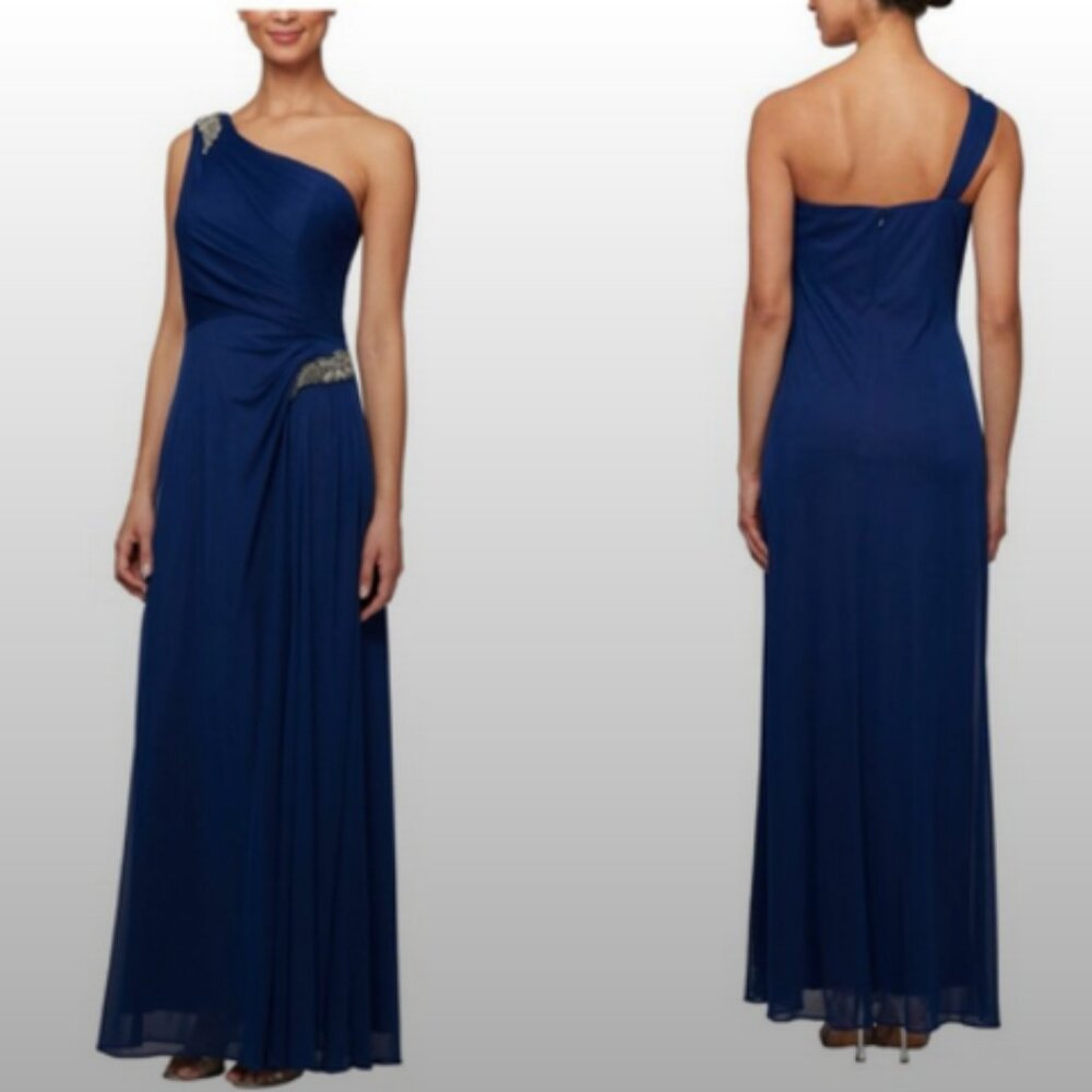 Alex Evening Bead Waist One Shoulder Chiffon Gown